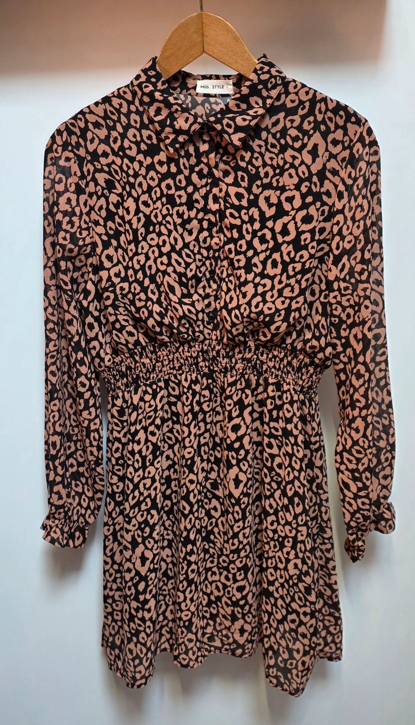 Robe chemise mi-longue léopard marron noir L 40 manches longues doublée